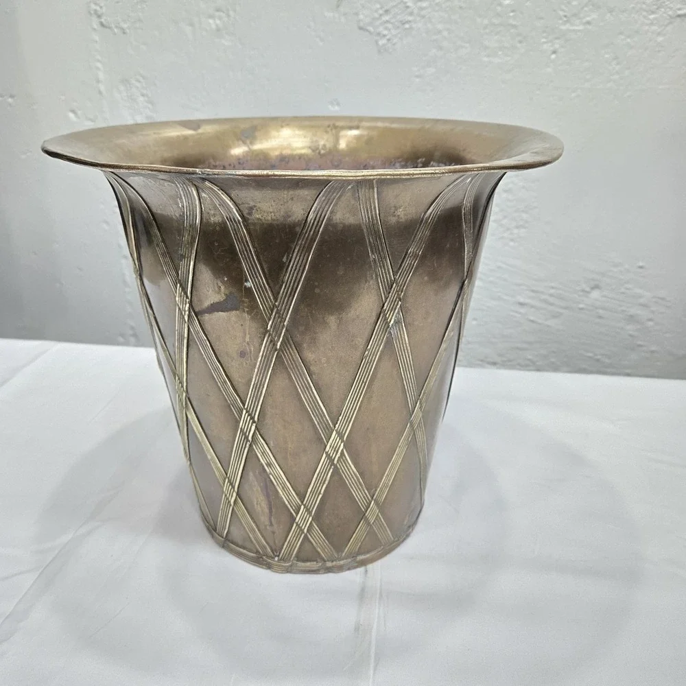 Vtg Brass Lattice‎ Overlay Planter Wastebasket 11
